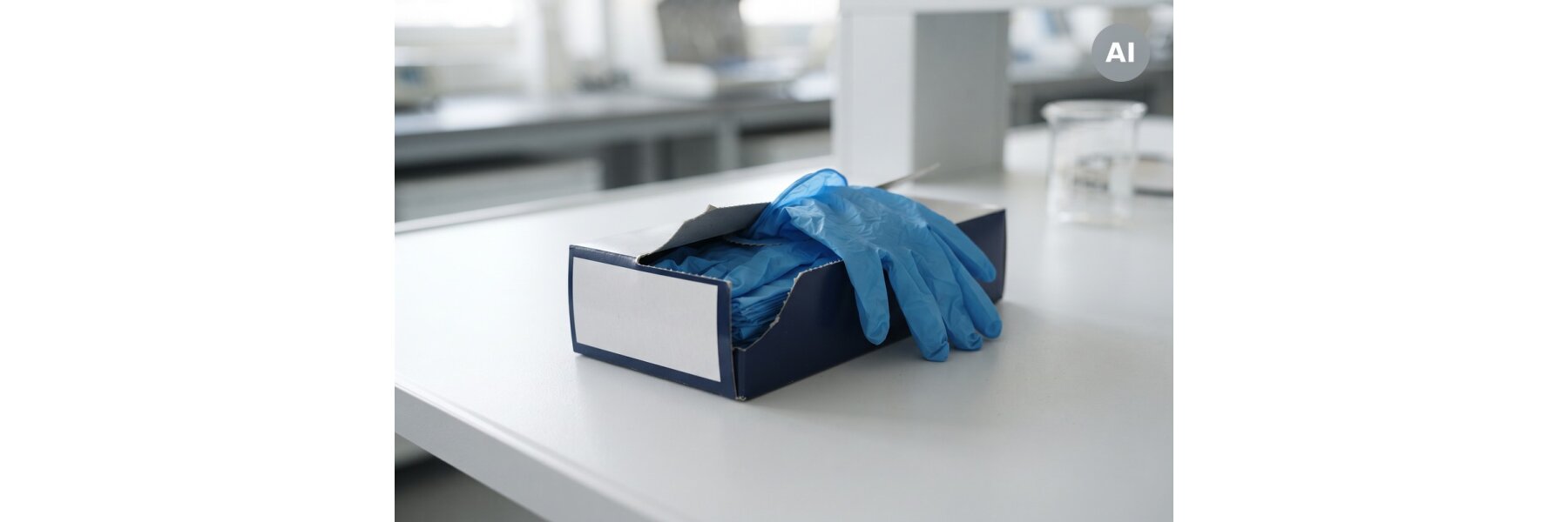 Geöffnete Box mit Nitril-Einweghandschuhen auf einer Arbeitsfläche