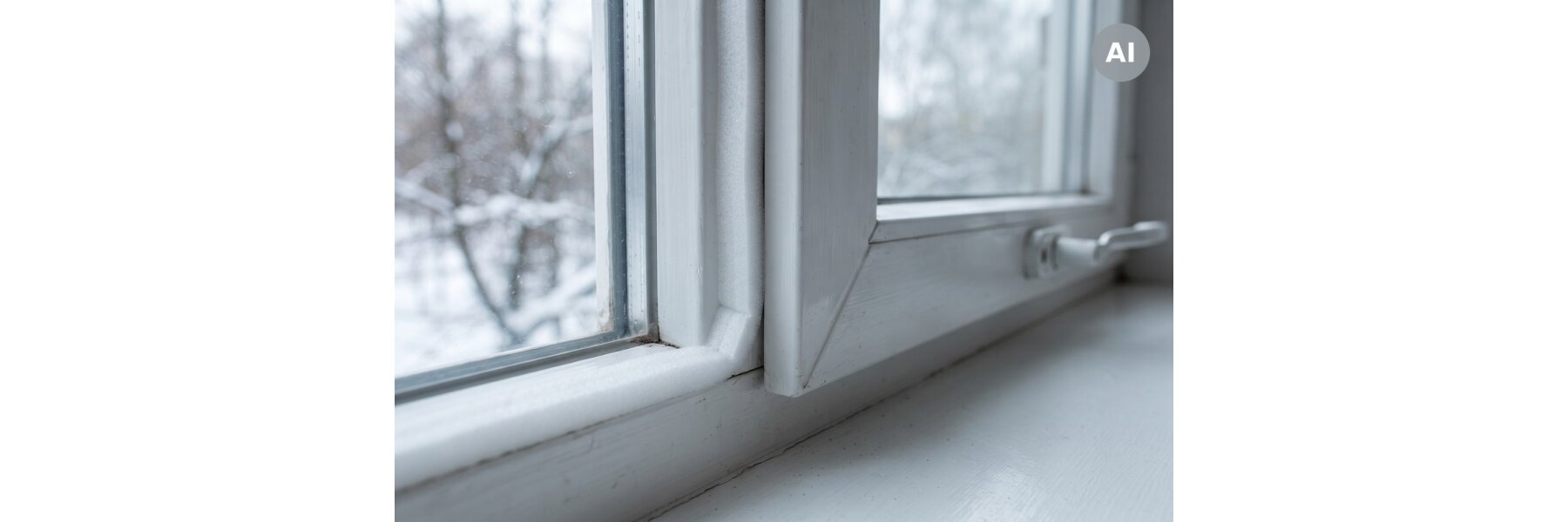 Weißes selbstklebendes Dichtband an einem Fensterrahmen