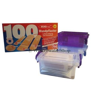 Wundpflaster 100 Stück Pflaster in verschiedenen größen Klarsichtbox zum aufbewahren der pflaster in transparen lila oder blau mit deckel zum verschliessen