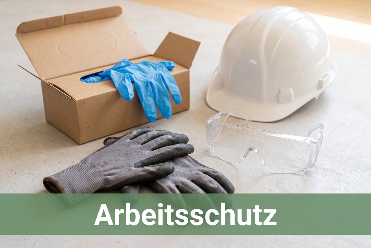 Arbeitsschutz: Helm, Schutzbrille, Handschuhe und Einweghandschuhe
