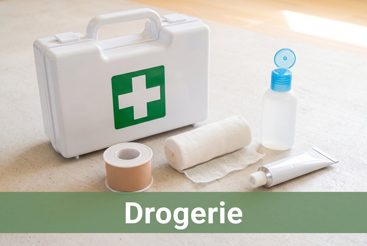 Drogerie: Erste-Hilfe-Koffer, Pflaster, Mullbinde und Desinfektionsmittel