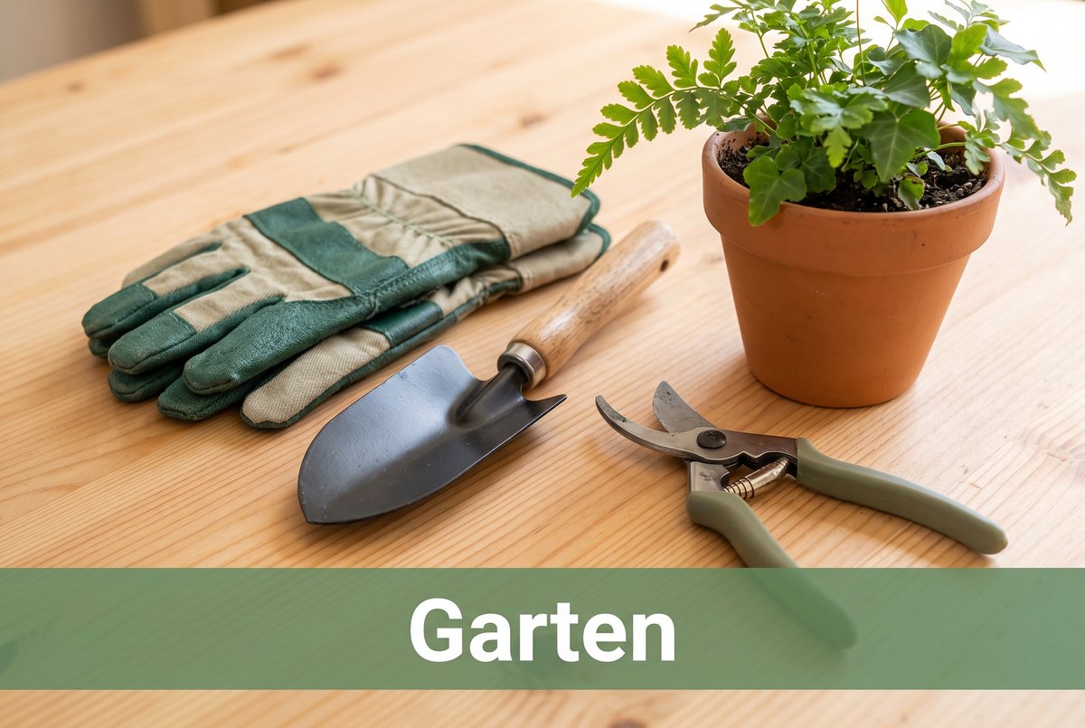 Garten: Gartenhandschuhe, Handschaufel, Gartenschere und Blumentopf