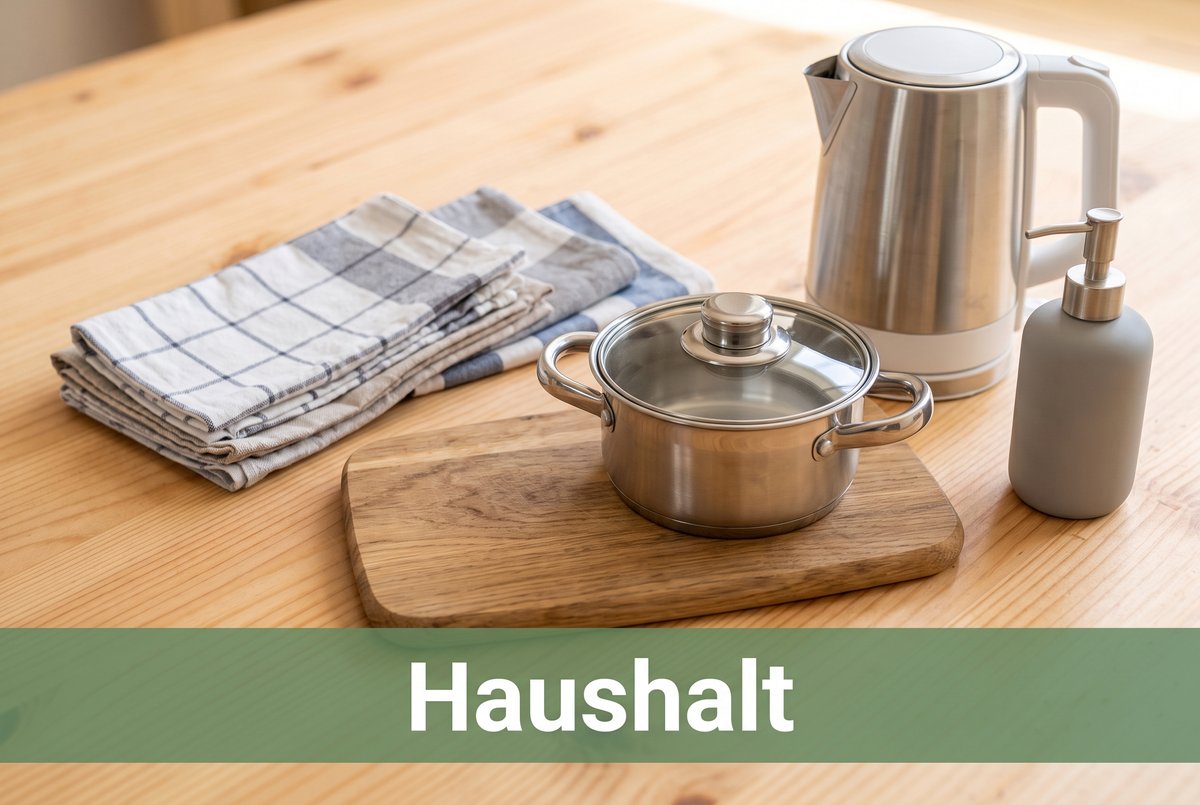 Haushalt: Geschirrtücher, Kochtopf, Wasserkocher und Seifenspender
