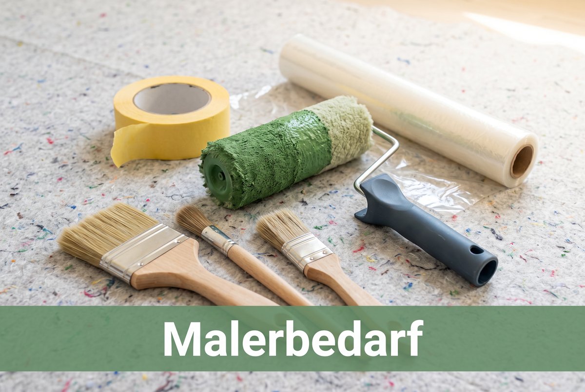 Malerbedarf: Farbwalze, Pinsel, Malerkrepp und Abdeckfolie