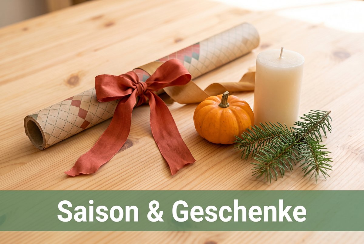 Saison und Geschenke: Geschenkpapier, Schleife, Kürbis und Kerze