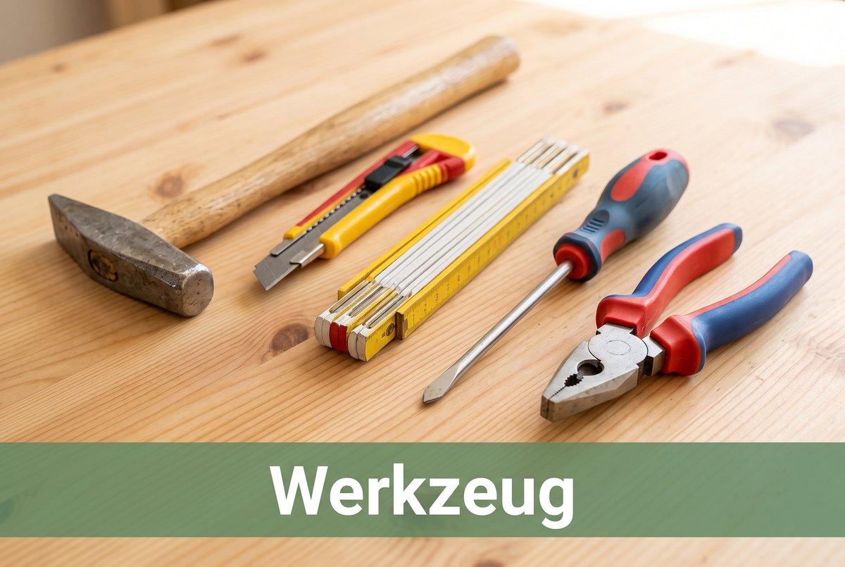 Werkzeug: Hammer, Zange, Zollstock und Schraubendreher